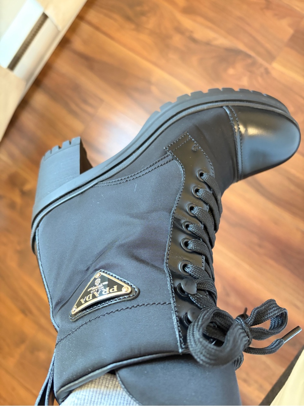 Prada Black Lace-Up Heel Boots with Logo Plaque - Picture 4 of 8
